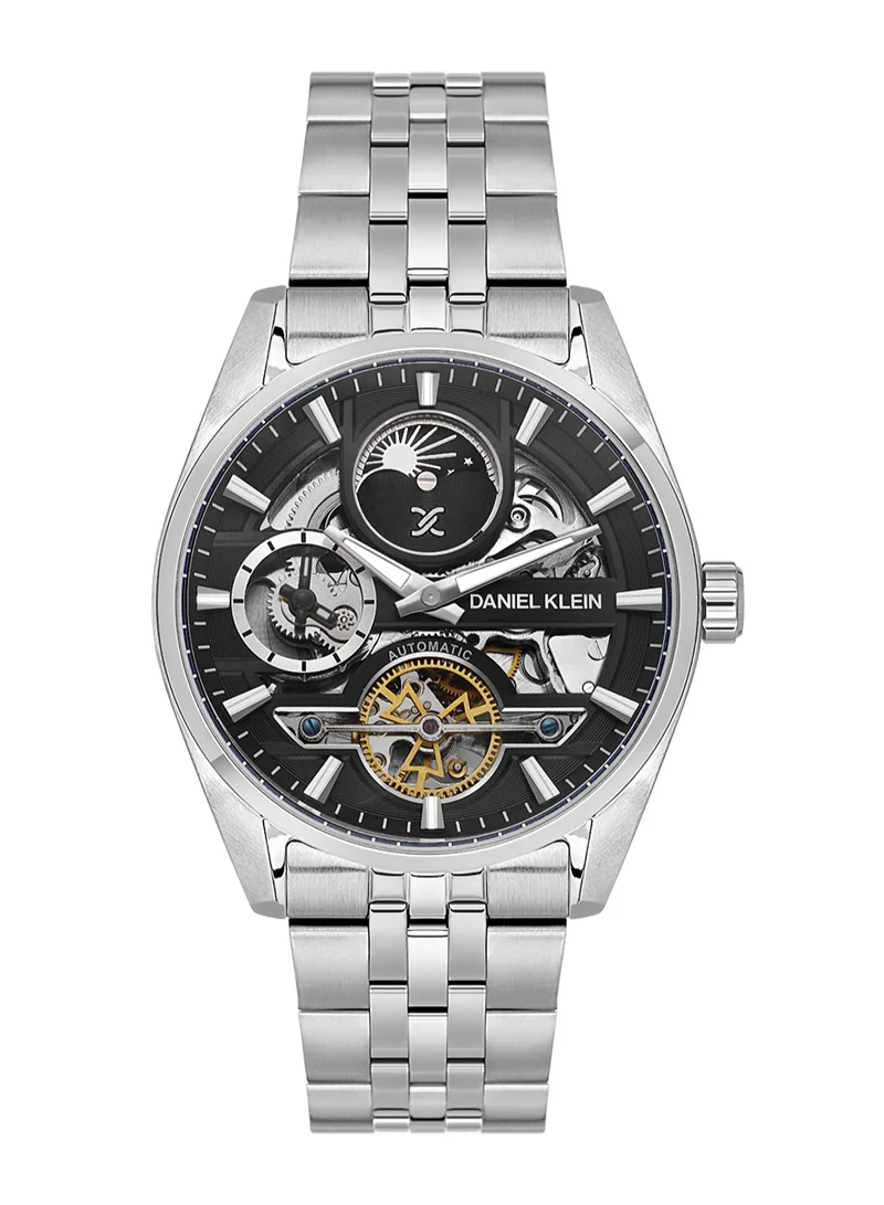 DANIEL KLEIN Men's Stainless Steel Silver Brass Case Analog Black Round Skeleton Dial Automatic Skeleton 50 Meters Water Resistant